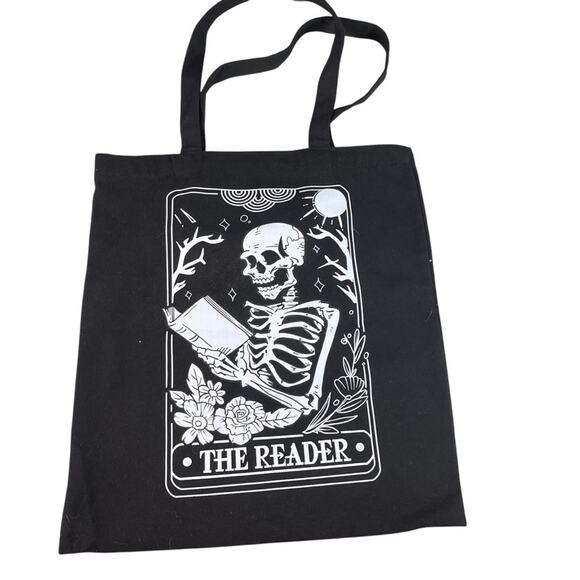 The Reader Tote Bag Book Bag Skeleton Black White Spooky Goth Halloween - Picture 1 of 5